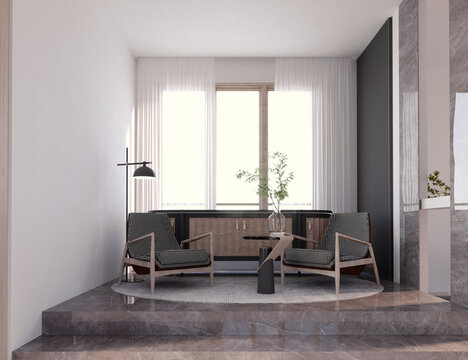 3d rendering,3d illustration, Interior Scene and  Mockup,
Sitting corner, floor material, gray marble tile floor, wooden armchair upholstered with black and white diamond pattern fabric.