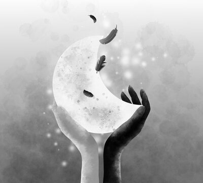 Hands holding the Moon. Abstract silhouette art