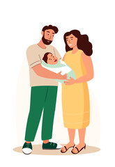 Happy family with newborn baby.Young parents and new born son or daughter in hands.Mother,father holding infant together with love.Parenthood concept.Flat vector illustration isolated white background
