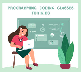 Little Girl Sitting on Chair with Laptop in Hands near Blackboard with Formulas. Child Education, School Class for Prodigy Kid, Robotics or Mathematics Studying. Cartoon Vector Illustration