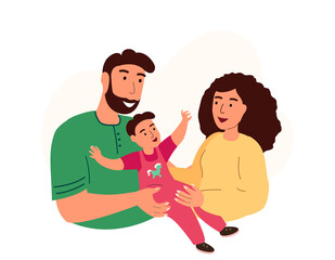 Foster family portrait. Happy mother, father and adopted kid. Smiling parents and adoptive child. Mom, dad and son. Children adoption concept. Flat vector illustration isolated on white background