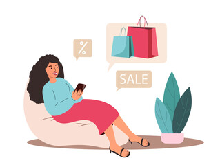 Relaxed woman doing shopping online with mobile phone, buying clothes on sale. Buyer using smartphone, making purchases through internet at home. Flat vector illustration isolated on white background