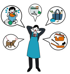 スーツの上にエプロンを頭を抱え込んでいる男性と多忙な家事・育児のイラスト（家事と仕事の両立イメージに）