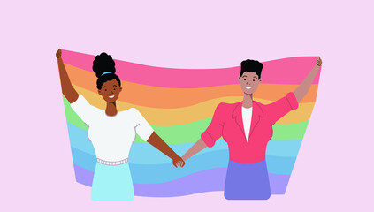 Two girls holding lgbt rainbow flag gay lesbian love parade pride festival transgender love concept