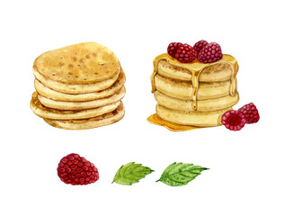 Watercolor clip art. Two types of pancakes. Without topping and with honey and raspberries . Pancake Day.