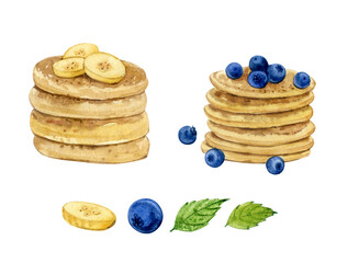 Watercolor clip art. Pancakes with bananas and blueberries. Pancake Day.