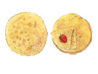 Watercolor clip art. Round thin pancakes. Crepe with strawberries. Pancake Day.