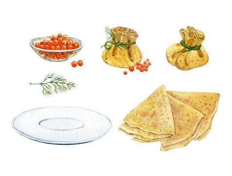 Watercolor clip art. Thin pancakes. Pancakes with red caviar. Pancakes with stuffing, plate, red caviar, dill. Pancake Day.