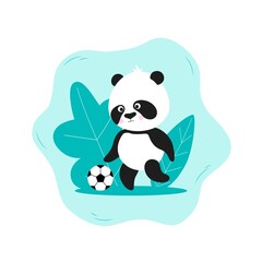 Panda and sport illustration. Cute panda bear character playing soccer. Vector sport concept in flat style.