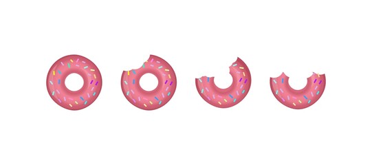 Whole donut and half-eaten donuts with pink icing. Cartoon illustration isolated on white background. Vector