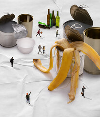 Garbage-monster. Tiny men and women in city made of rubbish, plastic, household waste. Contemporary...