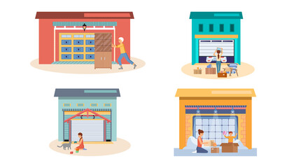 Garage with automatic gates. Gates with lifting mechanism, place for automobile parking. People chooses modern building to store things and boxes. Garbage and rubbish storage garage vector