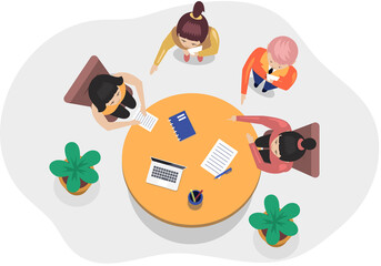 Business office connection working concept. Businessmen communicating talking about project strategy. People having board meeting with presentation, business brainstorming of startup, top view