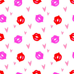 Seamless pattern for Women's Day. Red and pink prints of lips and heart on a white background. Vector illustration