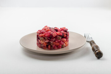 Vegetarian vinaigrette beet vegetable salad. Top view. Healthy food. Can be used as a heade or on your website.