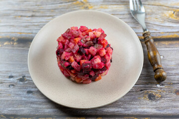 Vegetarian vinaigrette beet vegetable salad. Top view. Healthy food. Can be used as a heade or on your website.
