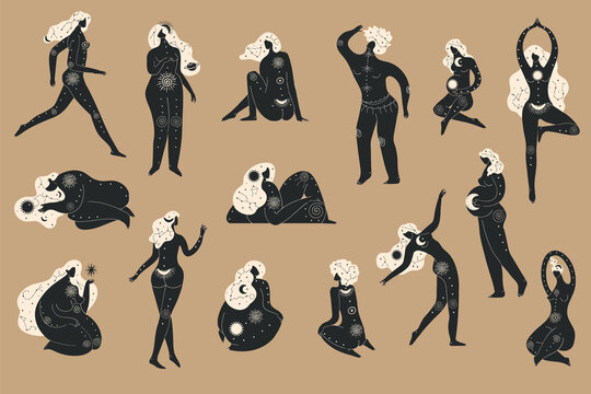 Female deities, antique ethnic statues in boho style with stars, moons, constellations, sun in hair