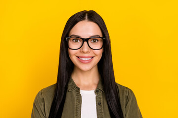 Photo of pretty young lady wear eyewear outfit isolated on yellow color background