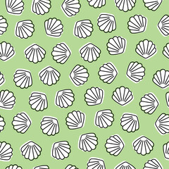 White seashell with green background seamless pattern.