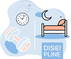 Discipline concept icon. Time management. Working day idea metaphor. Daily affairs of person, indicators of time for work, hobby, study, rest. Fulfillment of planned plans according to regulations
