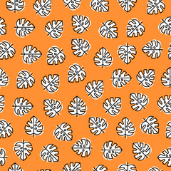 Orange seamless pattern with white monstera leaf