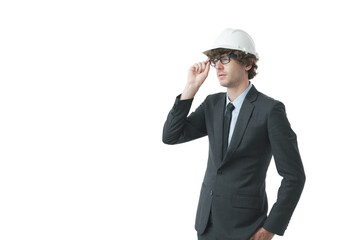 Portrait of Caucasian businessman wearing white hard hat and thinking expression. Young construction foreman wearing suit and looking at empty space over isolated white background.
