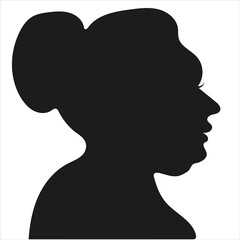 Silhouette of a plump white woman with a bun at the top of her head. High hair, profile. Isolated realistic silhouette. Avatar, business card. Digital illustration. Print. Sample 