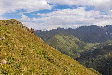 Fototapeta premium A hiking trail leading to Chubedishi viewpoint. There is an amazing view on the Shkhara Glacier,near the village Ushguli the Greater Caucasus Mountain Range in Georgia, Svaneti Region.Meadow, Flowers
