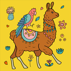 Cute Llama and Parrot vector illustration