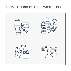 Customer behavior line icons set. Discounts and presents for new clients. Discounts in grocery for seniors. Shopping concept. Isolated vector illustrations. Editable stroke