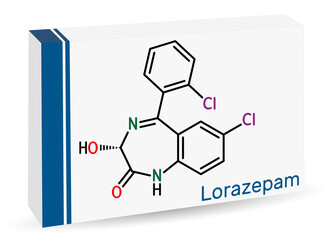 Lorazepam molecule. It is benzodiazepine with sedative, anxiolytic properties, used to treat panic disorders, severe anxiety, seizures. Skeletal chemical formula. Paper packaging for drugs