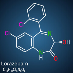 Fototapeta premium Lorazepam molecule. It is benzodiazepine with sedative, anxiolytic properties, used to treat panic disorders, severe anxiety, seizures. Structural chemical formula on the dark blue background