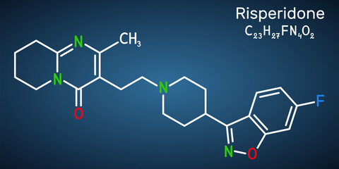 Risperidon molecule. It is antipsychotic medication, used to treat of schizophrenia, bipolar mania, psychosis, depression. Structural chemical formula on the dark blue background