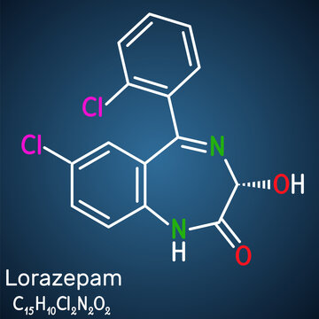Lorazepam molecule. It is benzodiazepine with sedative, anxiolytic properties, used to treat panic disorders, severe anxiety, seizures. Structural chemical formula on the dark blue background
