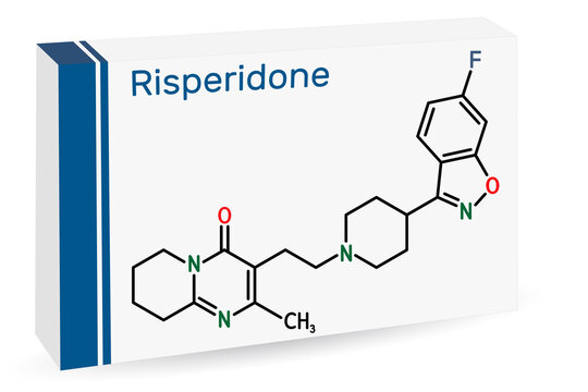 Risperidon molecule. It is antipsychotic medication, used to treat of schizophrenia, bipolar mania, psychosis, depression. Skeletal chemical formula. Paper packaging for drugs