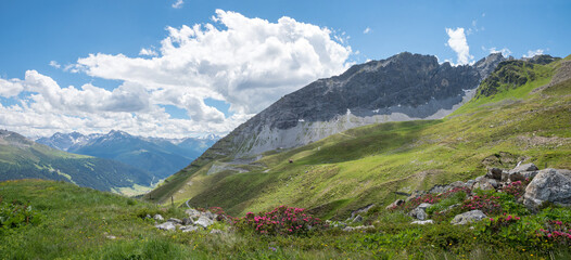 beautiful alpine landscape, view from hiking trail Gotschna to Parsenn, tourist resort Klosters...