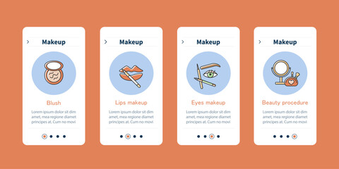 Makeup onboarding mobile app screens.Blush, lips and eyes makeup, beauty procedures. Cosmetology steps menu. Set of UI, UX, web template with RGB color linear icons