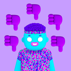 Stylish collage scene. Funny 3d Boy character and dislike symbol. Social networks, like time, followers, promotion concept