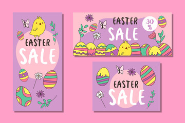 Easter sale posters or flyers design set with colorful eggs and spring flowers. Vector illustration. EPS