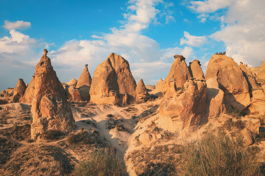 Valley with the sandy mountains of Cappadocia. Fantastic landscape.