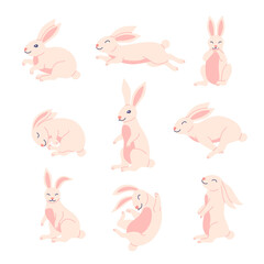 Cartoon Color Character Moon Rabbit Set Flat Design Style. Vector illustration of Traditional Asian Mascot Mid Autumn Festival