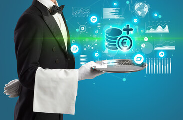 Handsome young waiter in tuxedo holding currency icons on tray