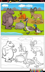 Obraz premium cartoon wild animal characters group coloring book page