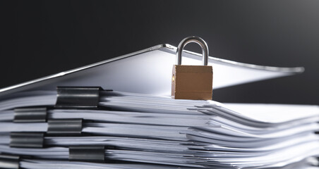 Files and documents with a padlock. Data security