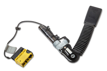 The lock of a seat belt of a car of forward sitting with the panel for a fastening bolt and squib a plastic case of black color with red unlock keys. Spare part for replacement during repair or sale.