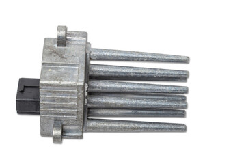 Car heater fan speed regulator on white isolated background. Catalog of spare parts for vehicles.