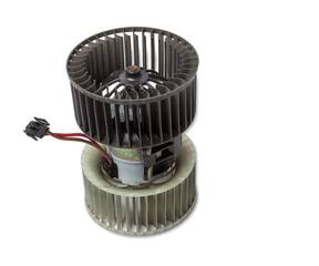 Heater fan - spare part and element of car air conditioning system on white isolated background. Auto service industry. Spare parts catalog.