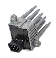 Car heater fan speed regulator on white isolated background. Catalog of spare parts for vehicles.