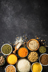 Gluten free food, cereals. Rice, buckwheat, corn, lentils, soy beans and quinoa at black. Allergen free. Top view with copy space.