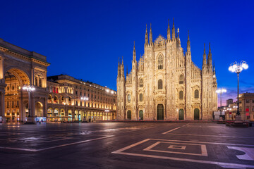Fototapeta na wymiar Duomo , Milan gothic cathedral at blue hour,Europe.Horizontal photo with copy-space.